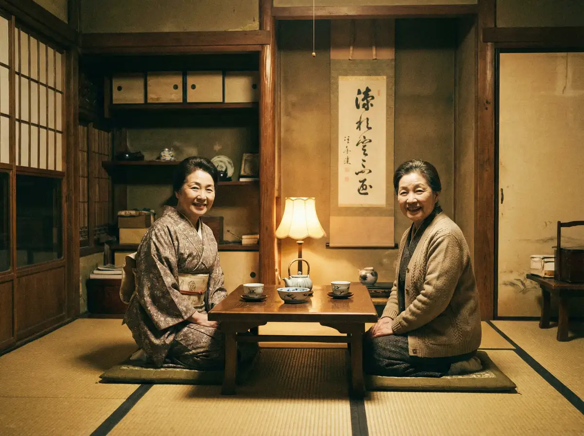 两位优雅的 小欣奈 在日式茶室中品茶交谈